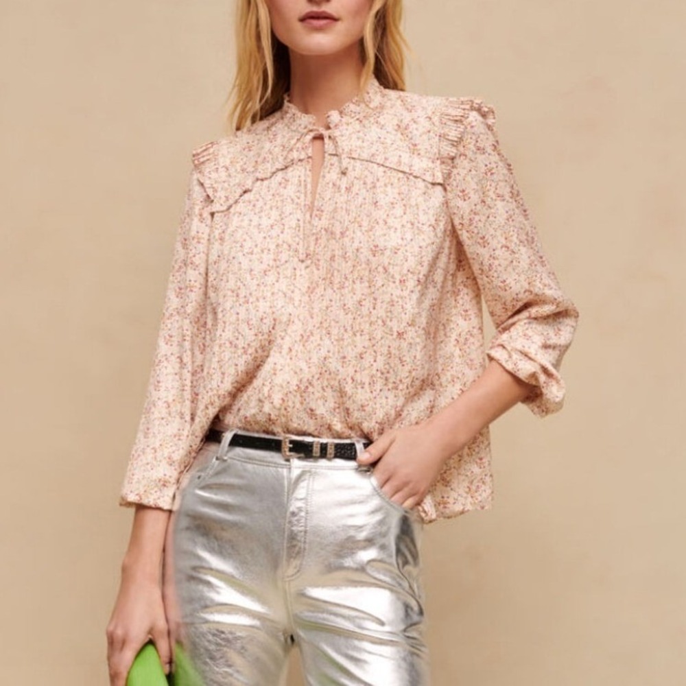 Maje Lipletto Plisse Ruffled Pleated Floral Blouse Size 1 Beige Long Sleeve